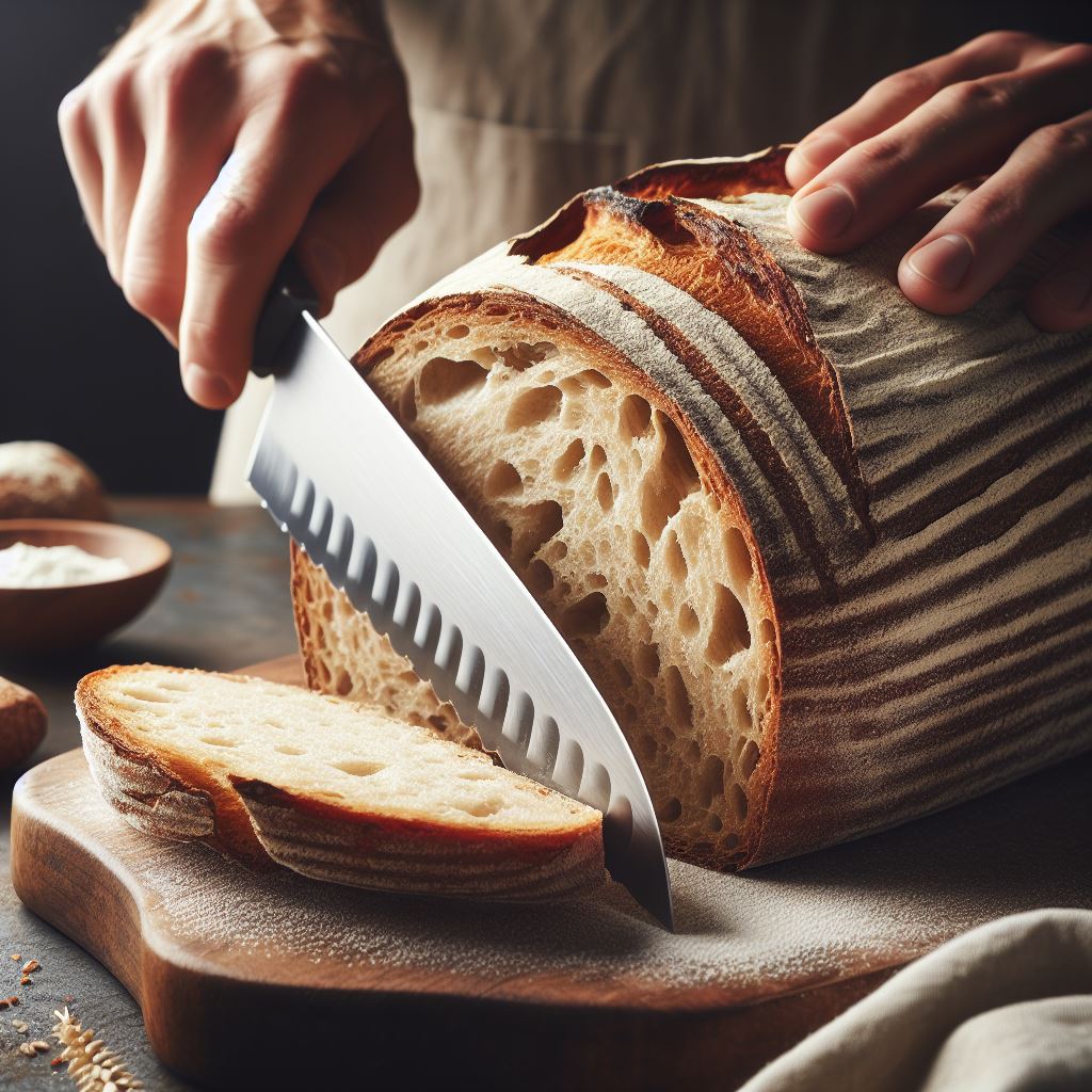 A big bread is being sliced by a bread knife
