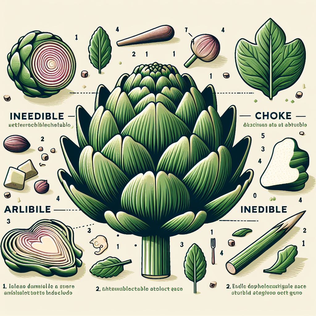 infographic for the topic Anatomy of an artichoke. 1) Inedible 2) Choke (inedible) 3) Heart & leaf bases (edible)